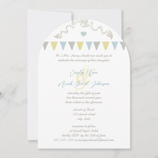 Invitaciones de boda con banderines de azul y amar (Anverso)