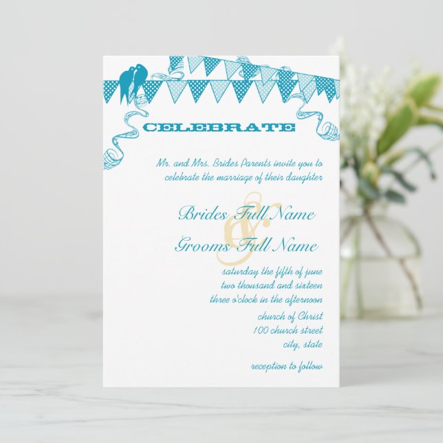Invitaciones de boda con banderines de puntos azul (Anverso de pie)
