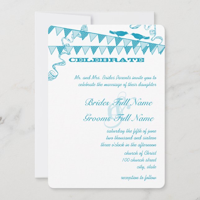 Invitaciones de boda con banderines de puntos azul (Anverso)