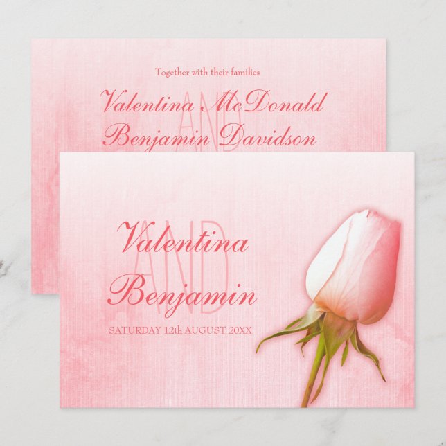 Invitaciones de boda con capullo de rosa rosa clar (Anverso / Reverso)