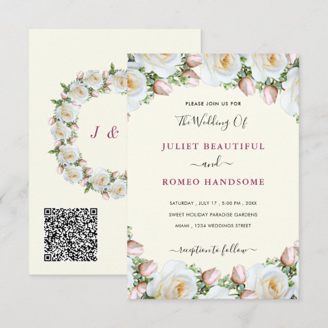 Invitaciones de boda con código QR de rosas blanca (Anverso / Reverso)