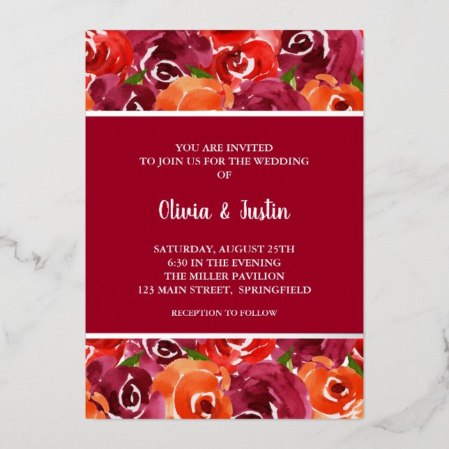 Invitaciones de boda con collage floral de acuarel (Anverso)