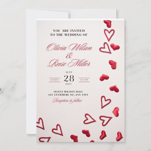 Invitaciones de boda con corazones rojos amor romá (Anverso)