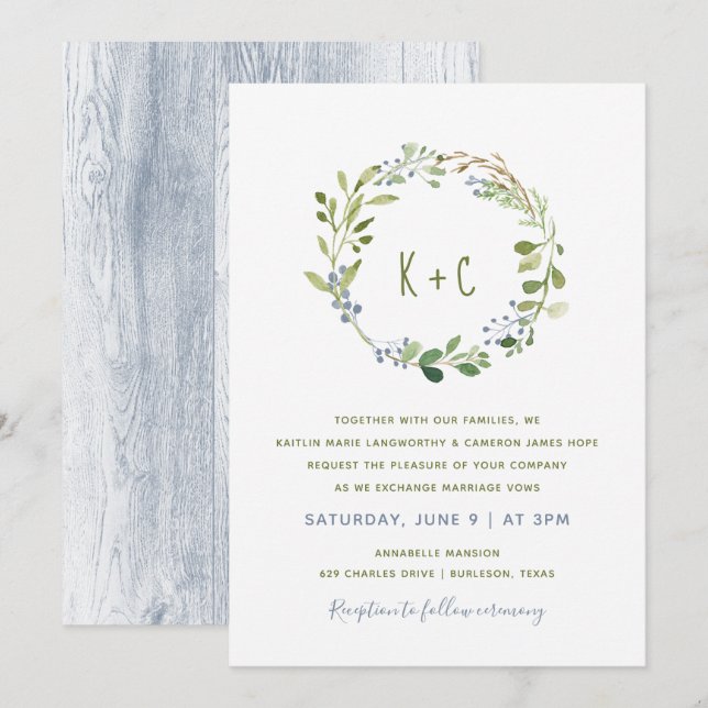 Invitaciones de boda con corona de vegetación - az (Anverso / Reverso)