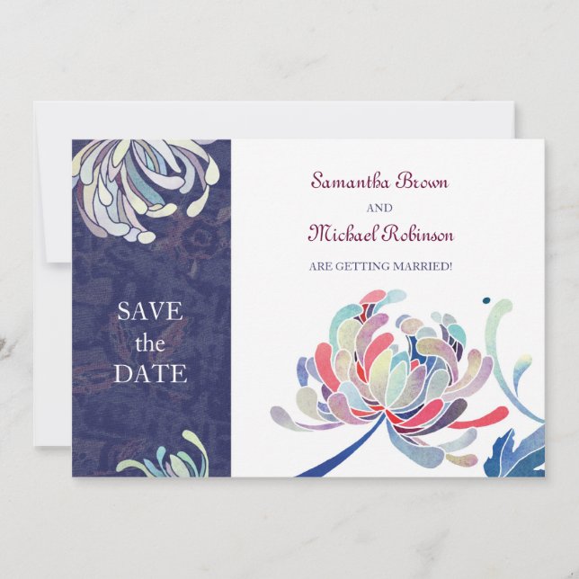Invitaciones de boda con crisantemos para guardar  (Anverso)