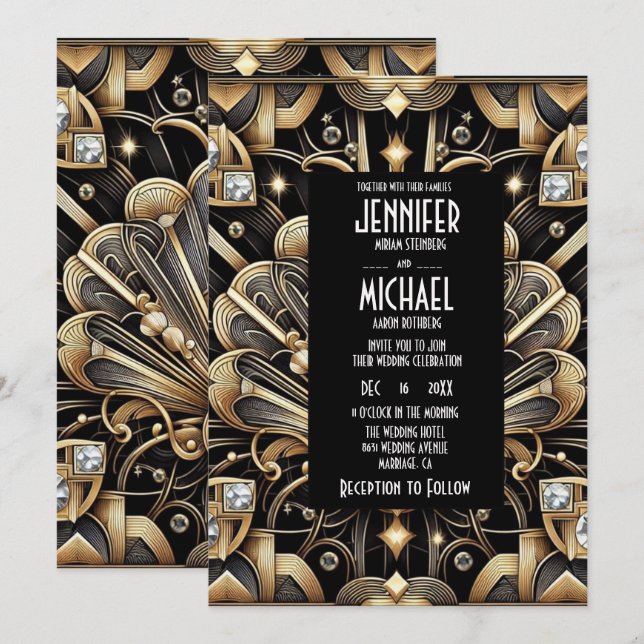 Invitaciones de Boda con Diamantes de Color Negro  (Anverso / Reverso)