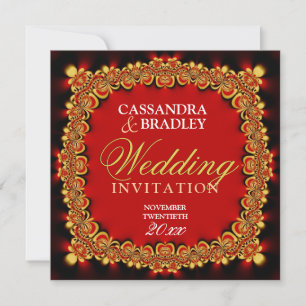 Invitaciones de boda con encaje dorado y rojo fueg