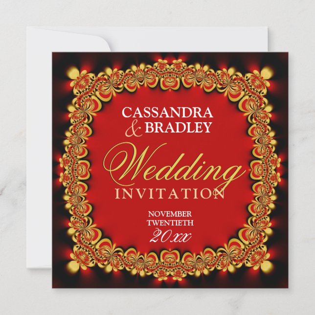 Invitaciones de boda con encaje dorado y rojo fueg (Anverso)