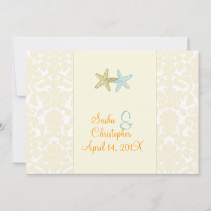 Invitaciones de boda con estrellas de mar y damasc