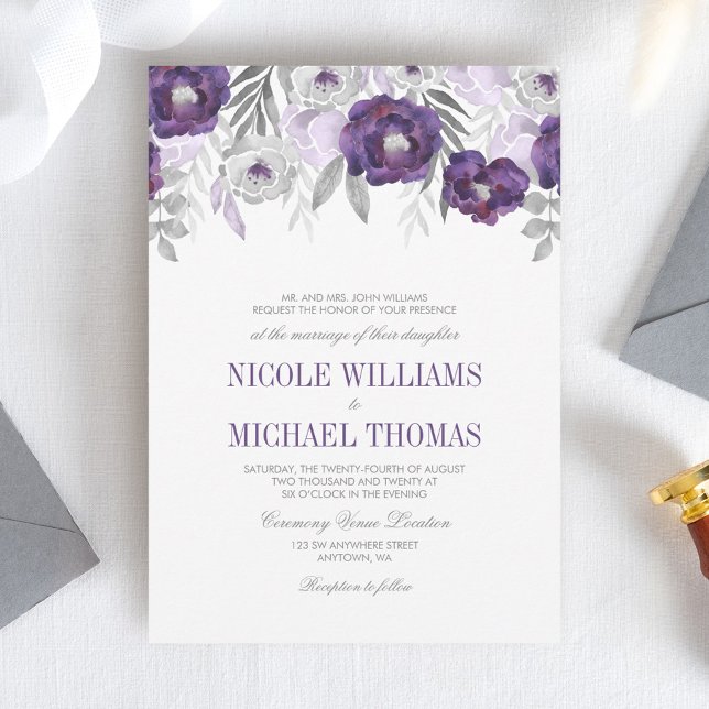 Invitaciones de boda con flores de acuarela grises (Subido por el creador)