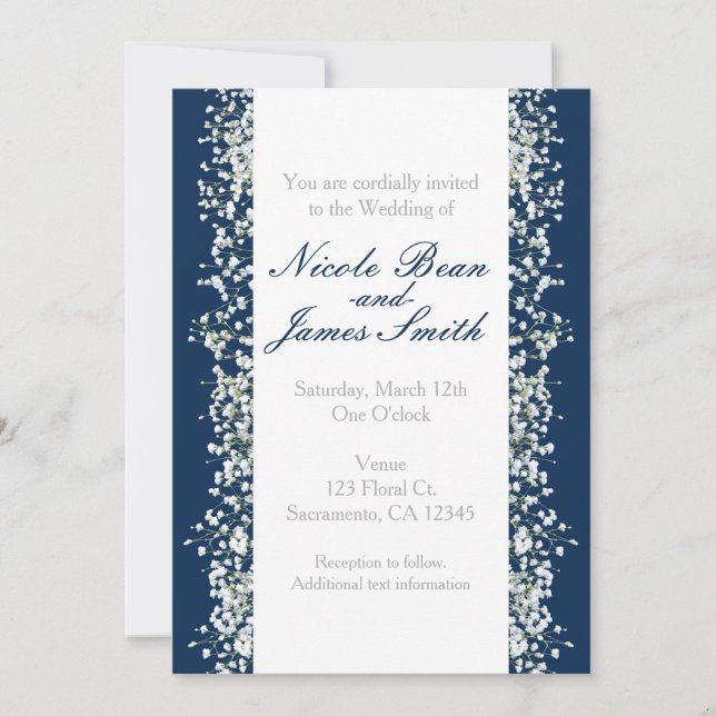Invitaciones de boda con flores de bebé azules y b (Anverso)