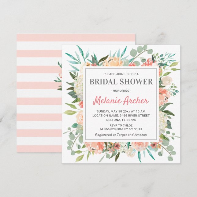 Invitaciones de boda con flores de melocotón acuar (Anverso / Reverso)