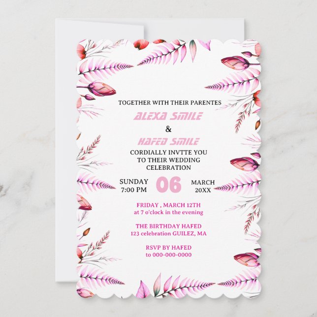 Invitaciones de boda con flores silvestres, rosa v (Anverso)