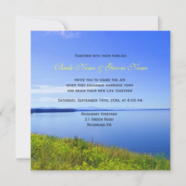 Invitaciones de boda con flores silvestres y lago (Anverso)