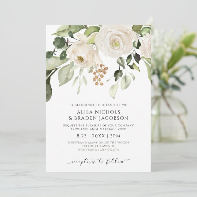 Invitaciones de Boda con Follaje Verde y Floral Bl (Anverso de pie)