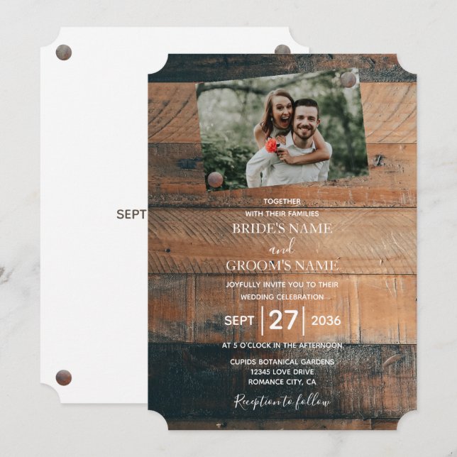 Invitaciones de boda con foto de madera rústica (Anverso / Reverso)