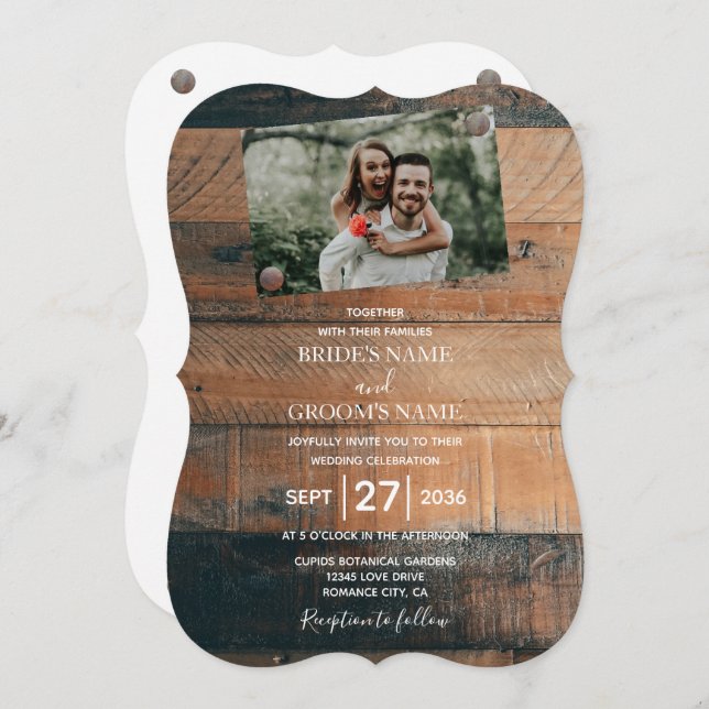 Invitaciones de boda con foto de madera rústica (Anverso / Reverso)