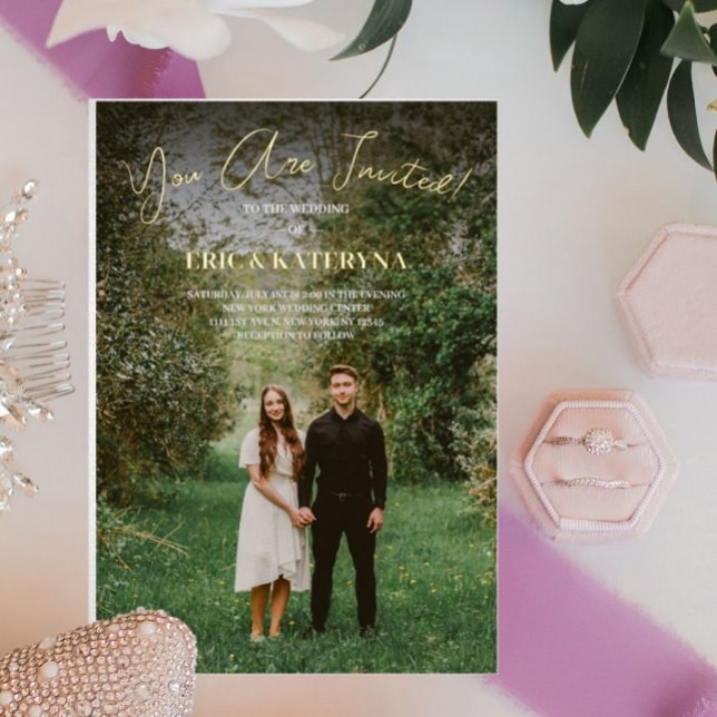 Invitaciones de boda con foto y acentos de lámina  (Subido por el creador)