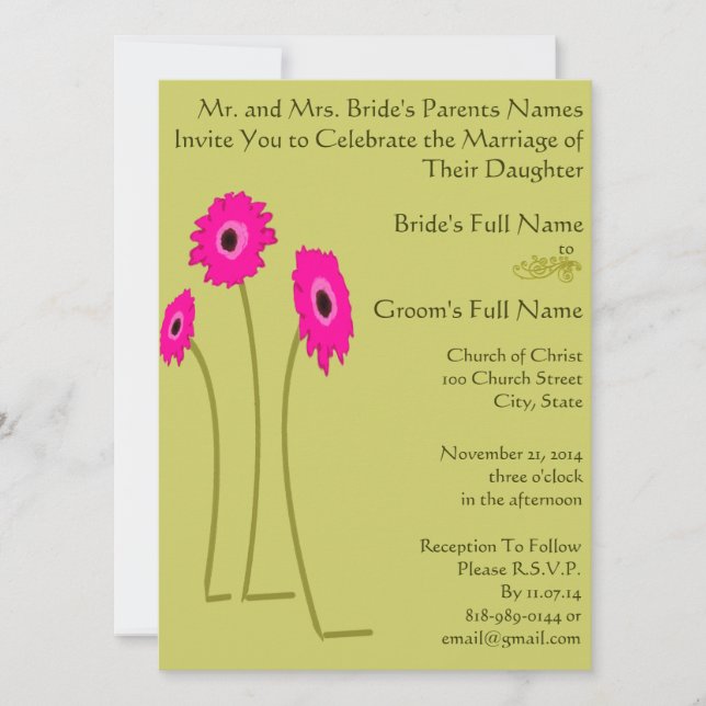 Invitaciones de boda con gerberas de frambuesa sob (Anverso)