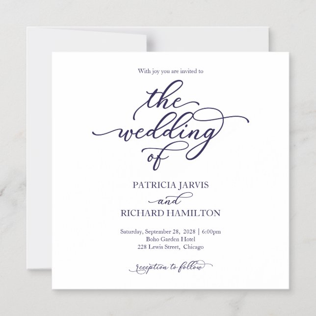 Invitaciones de boda con guión azul marino Simple  (Anverso)