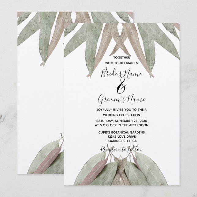 Invitaciones de boda con hoja de eucalipto rústico (Anverso / Reverso)