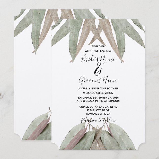Invitaciones de boda con hoja de eucalipto rústico (Anverso / Reverso)