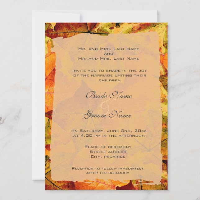 Invitaciones de boda con hojas coloridas de otoño (Anverso)