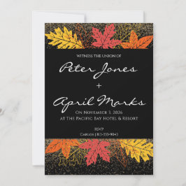 Invitaciones de boda con hojas de otoño y brillo a
