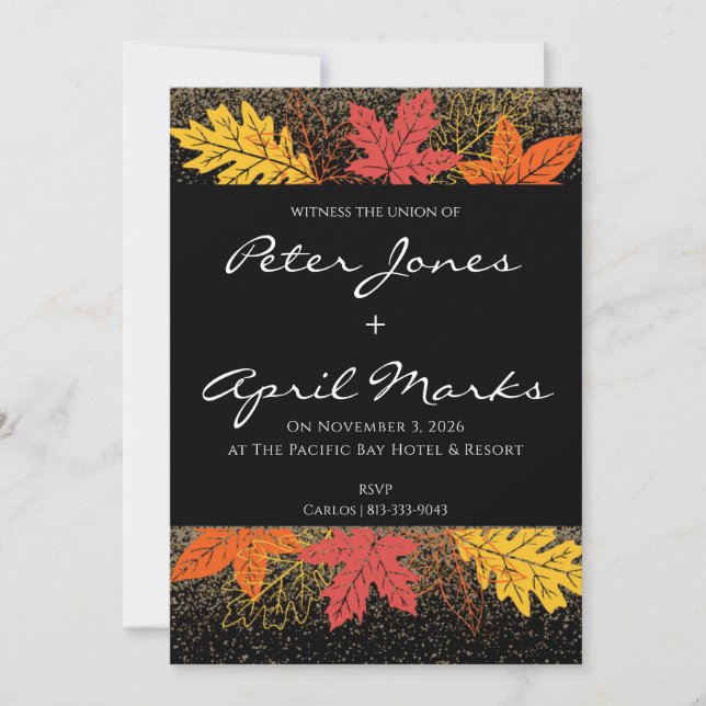 Invitaciones de boda con hojas de otoño y brillo a (Anverso)