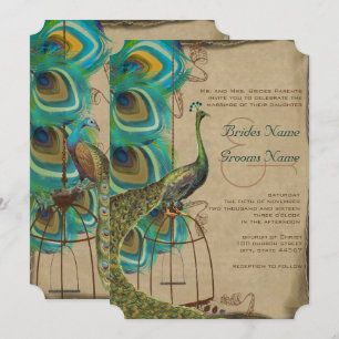 Invitaciones de boda con jaula de pájaro pavo real