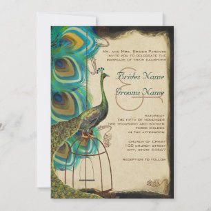 Invitaciones de boda con jaula de pájaro pavo real