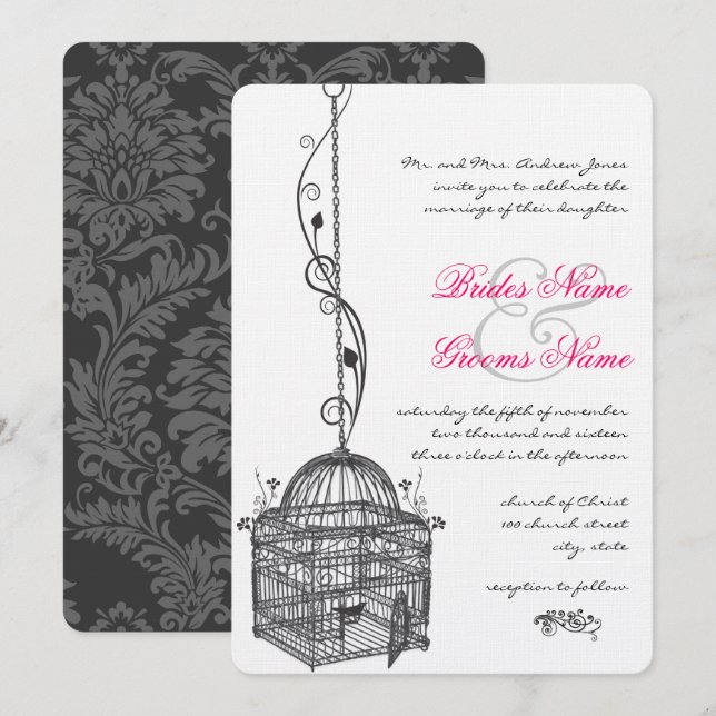 Invitaciones de boda con jaula de pájaro vintage y (Anverso / Reverso)
