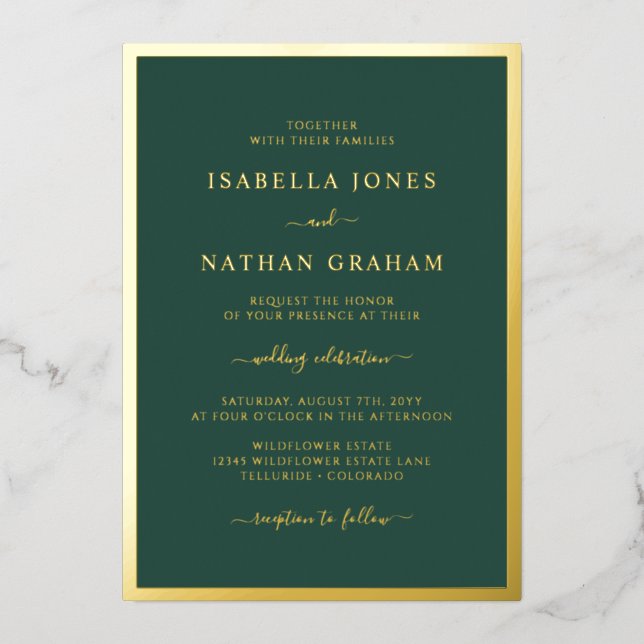 Invitaciones de boda con lámina dorada verde (Anverso)