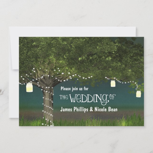 Invitaciones de boda con luces de árbol rústico y  (Anverso)