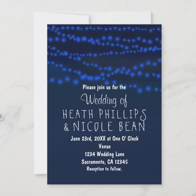 Invitaciones de boda con luces de cuerda azules br (Anverso)