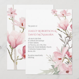 Invitaciones de boda con magnolias rosadas y folla