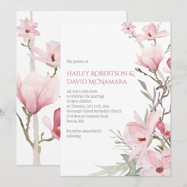 Invitaciones de boda con magnolias rosadas y folla (Anverso / Reverso)