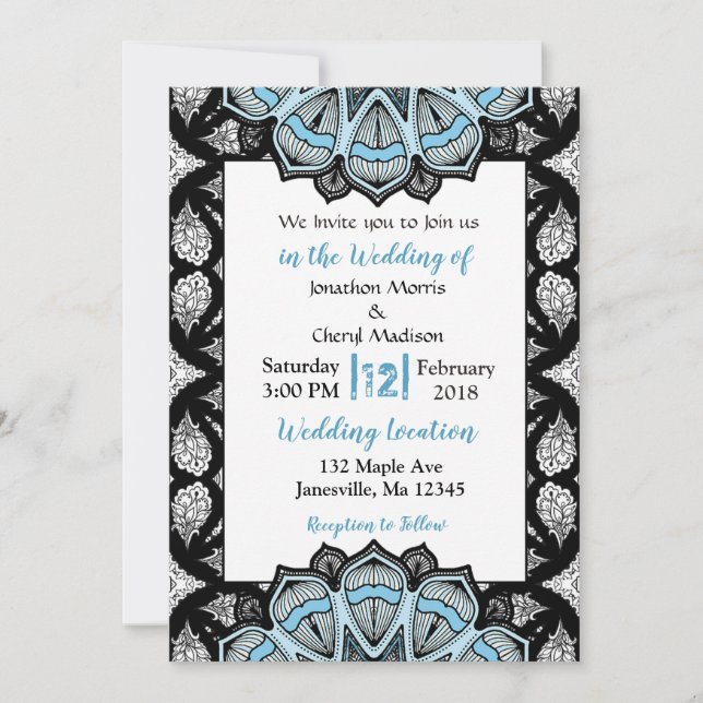 Invitaciones de boda con mandala azul, negro y bla (Anverso)