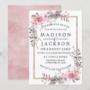 Invitaciones de boda con marco de color rosa y dor