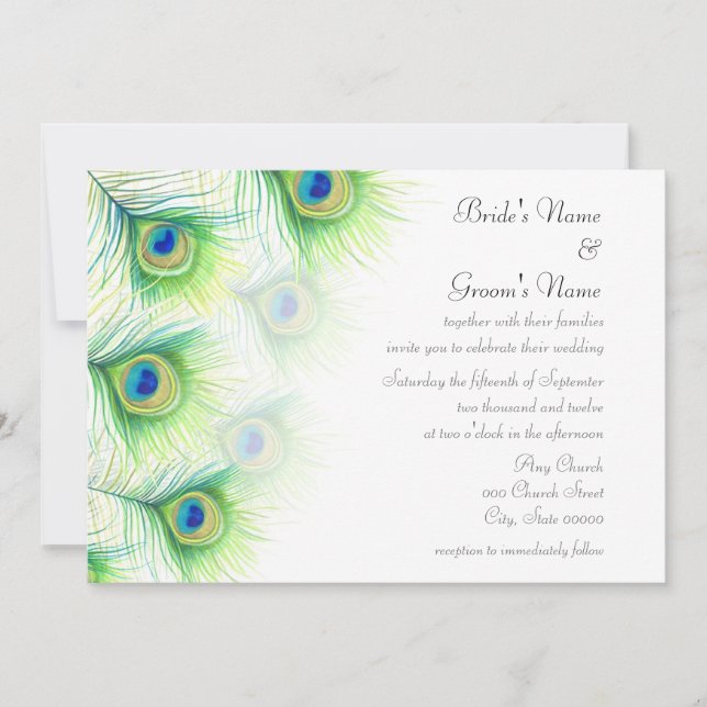 Invitaciones de boda con plumas de pavo real pinta (Anverso)