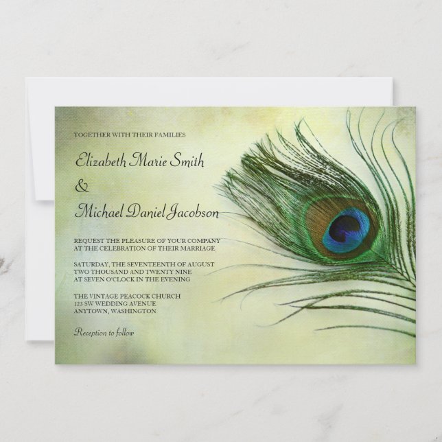 Invitaciones de boda con plumas de pavo real vinta (Anverso)