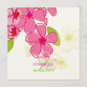 Invitaciones de boda con plumerias rosadas