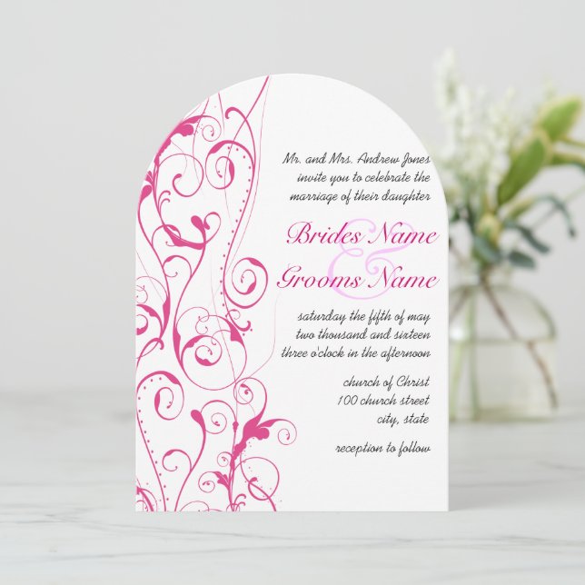 Invitaciones de boda con remolinos rosados (Anverso de pie)