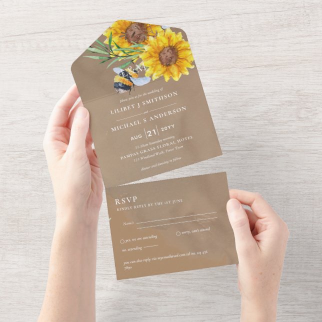 Invitaciones de Boda con RSVP Girasoles Rústicos A (desgarro)