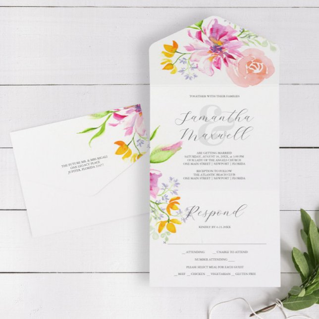 Invitaciones de boda con tarjeta de RSVP Flores ro (Affordable wedding invitation with rsvp card watercolor pink floral art by Victoria Grigaliunas)