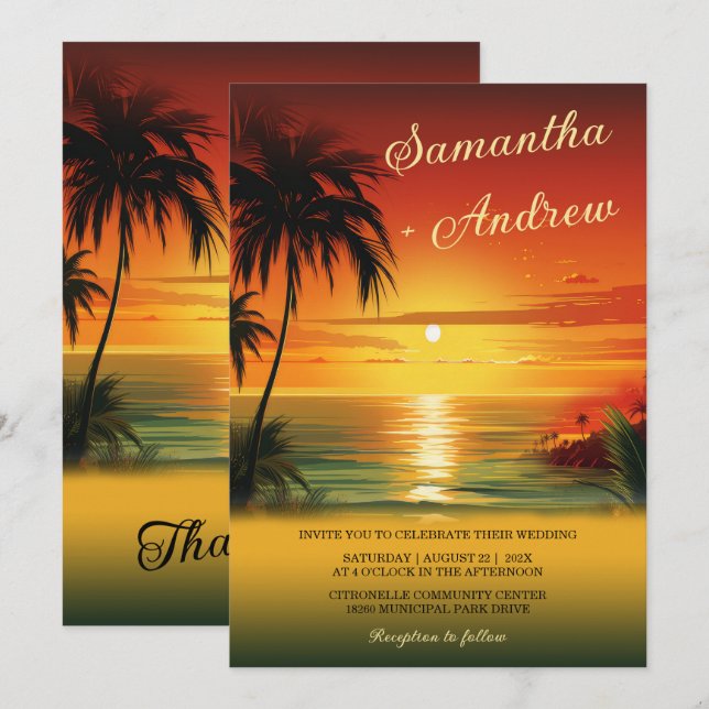 Invitaciones de Boda con Tema de Playa al Atardece (Anverso / Reverso)