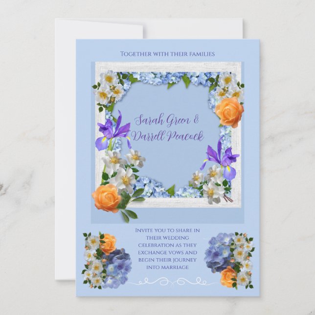 Invitaciones de boda con temática floral azul (Anverso)