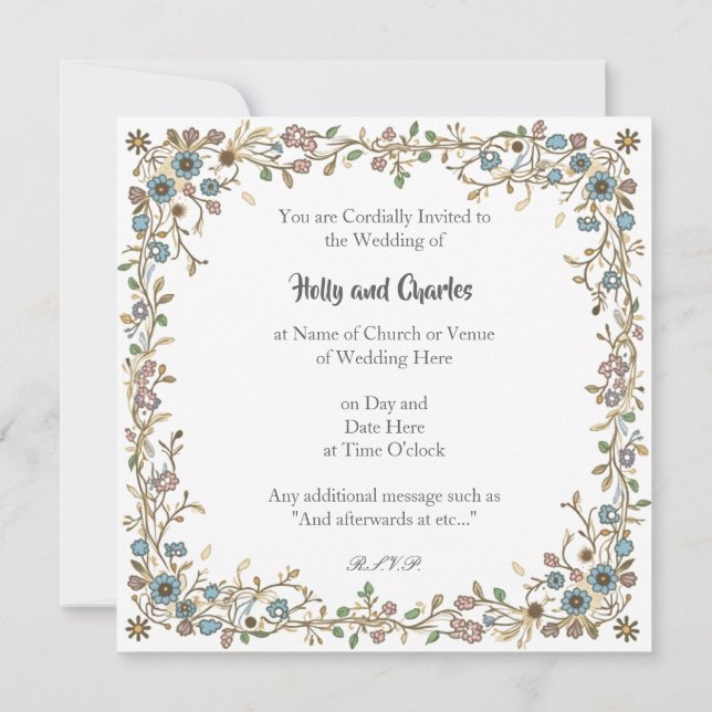 Invitaciones de boda con un borde floral dibujado. (Reverso)