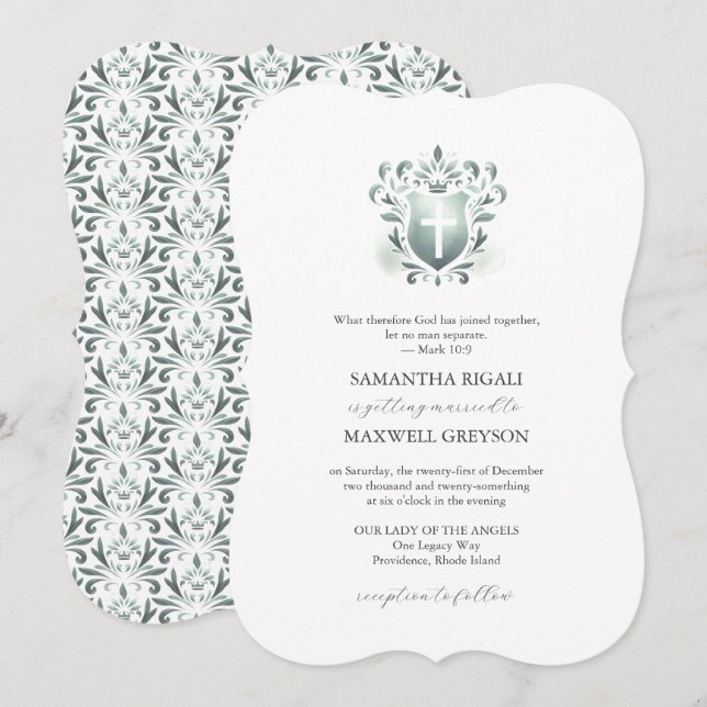 Invitaciones de boda cristianas con cresta verde s (Anverso / Reverso)