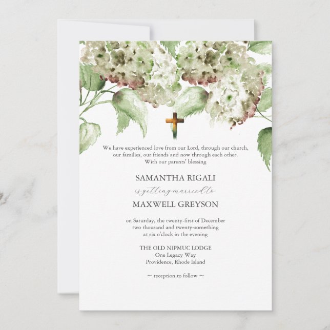 Invitaciones de boda cristianas con Hortensias Ver (Anverso)